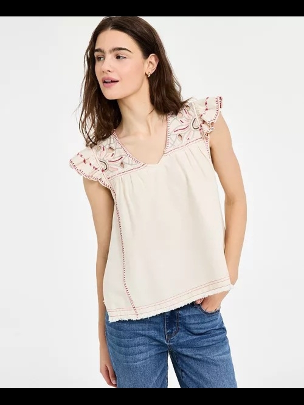 Liverpool Women's Flutter-Sleeve V-Neck Embroidered Blouse